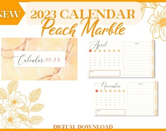 Printable 2023 Calendar Peach Marble with Notes section, original feminine style planning stationery for Wall, desk, bulletin board, To-dos