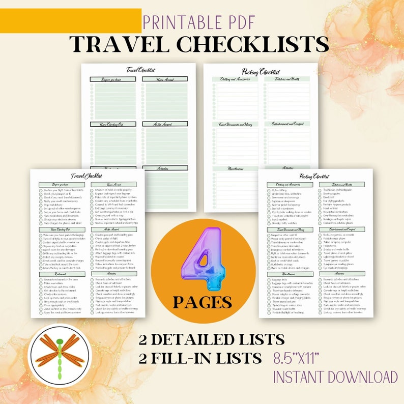 pictures of all 4 pages with caption: Travel checklists, 2 detailed lists, 2 fill in lists, 8.5" x 11" instant download