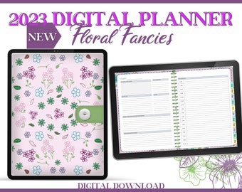 Simple Digital 2023 Monthly Weekly Planner for women. Cute Floral Pattern with 2023 & 2024 calendar, Compatible with Note-taking apps