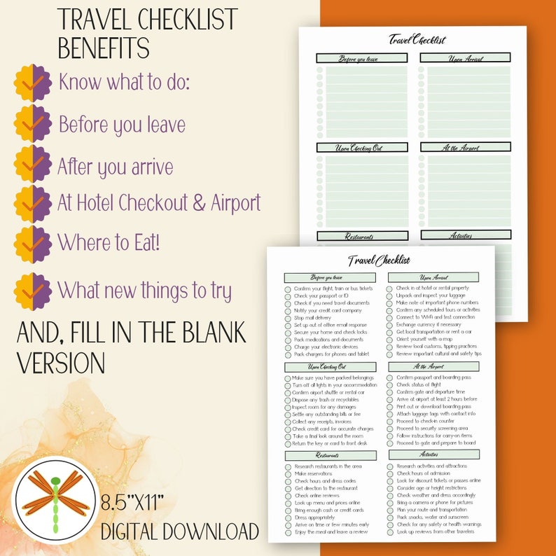 Picture of travel checklist with caption
Travel Checklist benefits
Know what to do: before you leave, After you arrive, at hotel checkout & airport, where to eat, what new things to try. And, fill in the blank version