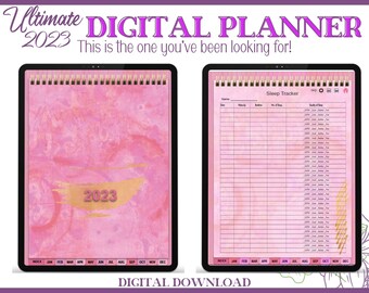 2023 Digital Planner Pink & Gold hyperlinked. Daily Calendar for productivity, self-care, health, sleep, mood trackers, meal plans, budget