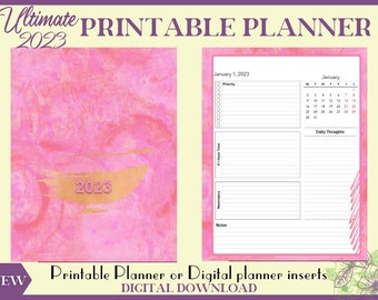 Planner Printable Pink Lifestyle Productivity 2023 Daily & Monthly Planner for Women, Self-care, journaling, trackers, budget, shopping