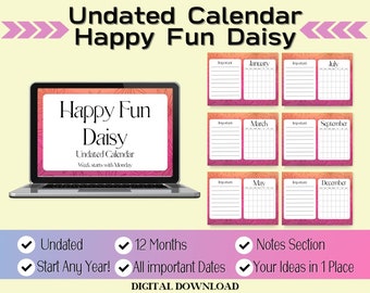 Happy Fun Daisy Undated Monthly Printable Calendar, Landscape orientation with Notes sections, Digital Download, Groovy ombre Floral Pattern