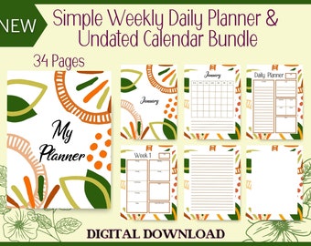 Undated Calendar & Simple Monthly, Weekly, Daily A4 Printable Planner Bundle, Pages Brain Dump Lined Notes for Journal, Fall Autumn Colors