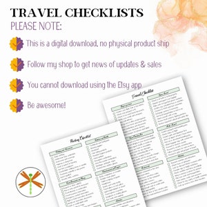 Picture of Travel & Packing checklists with caption: Travel Checklist. Please note: This is a digital download, no physical item will ship, follow my shop, you cannot download with the Etsy app, Be awesome