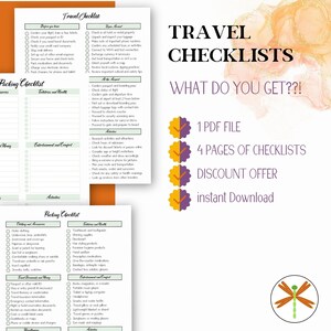 pictures of 2 detailed & one blank checklist pages with caption: 
what do you get? 1 pdf file, 4 pages of checklists, discount offer, instant download