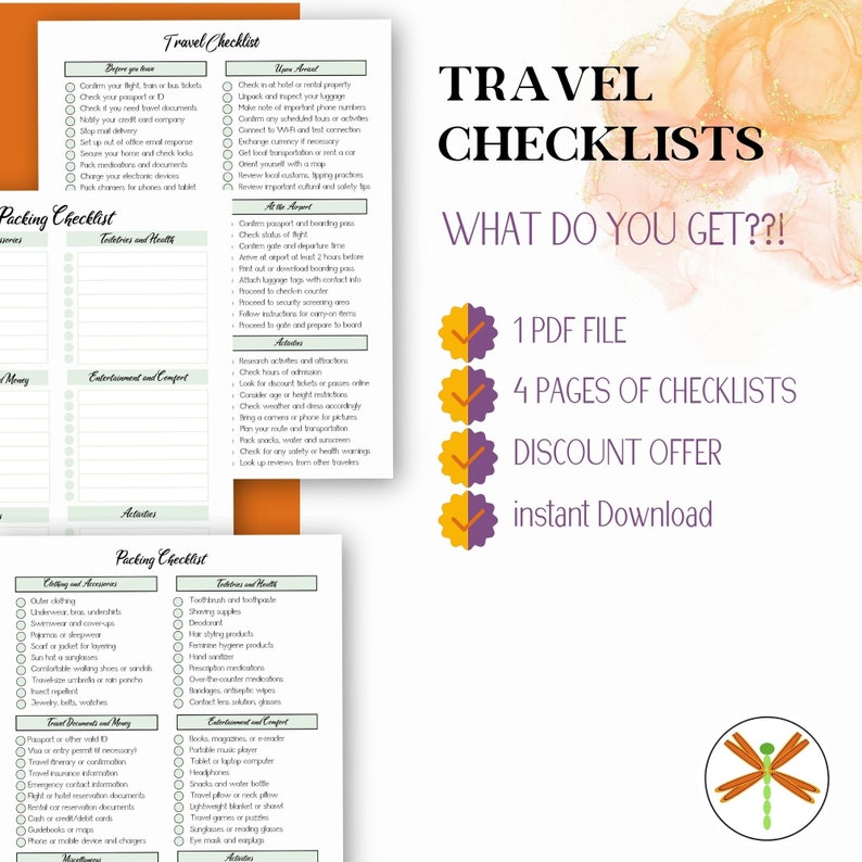 pictures of 2 detailed & one blank checklist pages with caption: 
what do you get? 1 pdf file, 4 pages of checklists, discount offer, instant download