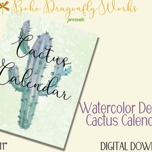 Calendario mensual y sin fecha con ilustraciones de cactus en acuarela, una descarga digital imprimible de 8,5 x 11 pulgadas para imprimir en casa