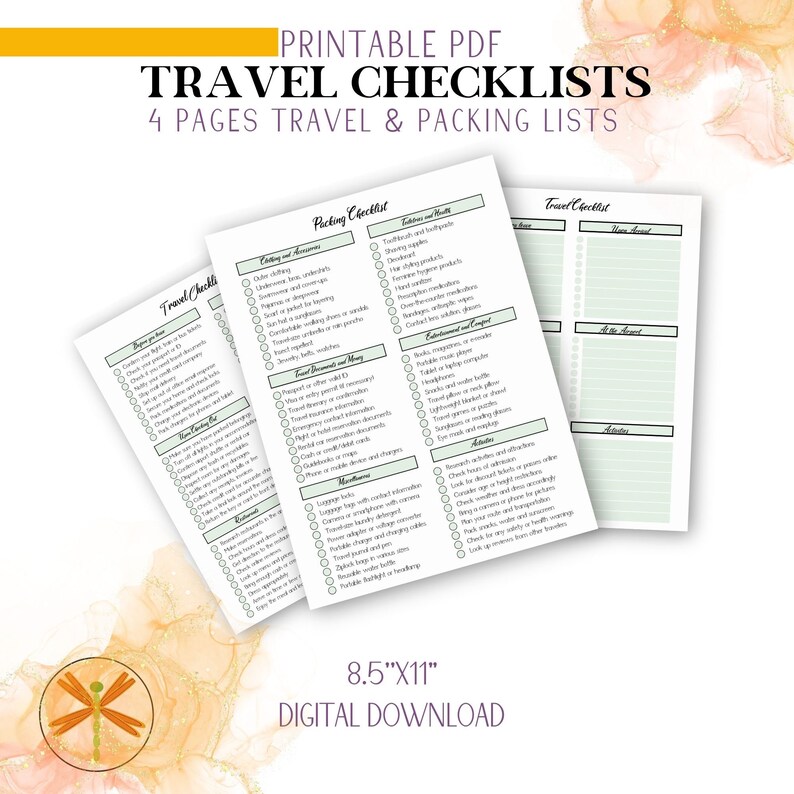 3 pages from the Printable Pdf Travel Checklist. Caption reads 8.5 x 11 inch digital download