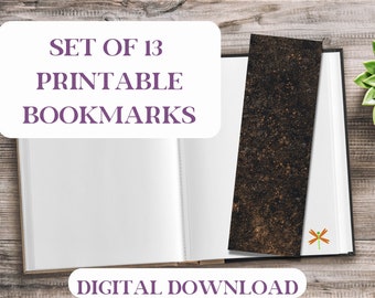 Printable Bookmarks Bundle Set of 13 2” x 6” Moonscape & Stars, Rustic Celestial Starry Sparkly Swirls Design, 10 + 3 Bonus