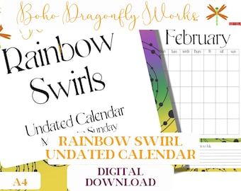Undated Calendar Printable Monthly Fun Rainbow Swirl in A4 size with notes, notes & brainstorm pages, to use for journaling and ideas