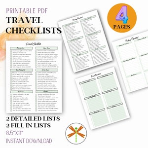 pictures of all 4 pages with caption: Travel checklists, 2 detailed lists, 2 fill in lists, 8.5" x 11" instant download