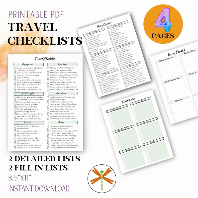 pictures of all 4 pages with caption: Travel checklists, 2 detailed lists, 2 fill in lists, 8.5" x 11" instant download
