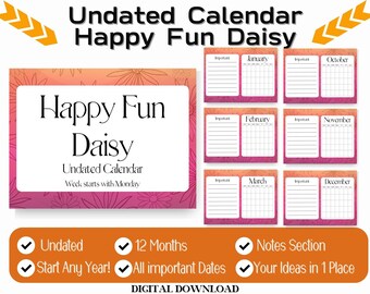 Undated Calendar Monthly Printable, Happy Fun Daisy Groovy Psychedelic Pattern with Notes To Do sections, A4 size Wall Art Digital Download