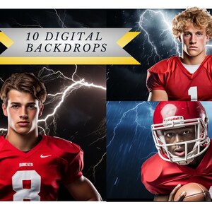 May include: Digital backdrop set featuring three football players in red jerseys against a backdrop of lightning. The text "10 DIGITAL BACKDROPS" is displayed on a banner. The players are in various poses, holding a football.