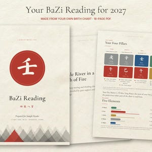 Puede incluir: Un documento de lectura BaZi para 2027 de varias páginas con una portada que muestra un círculo rojo con un carácter chino, el texto "BaZi Reading" y un gráfico de montañas. La página interior muestra "Your Four Pillars" con cuadrados de colores.