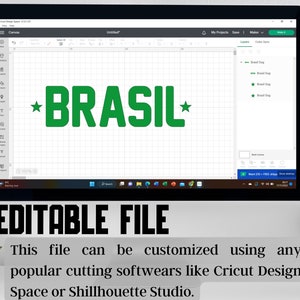 Puede incluir: Una pantalla de ordenador que muestra un gr&aacute;fico verde de la palabra "BRASIL" con estrellas a cada lado. El texto "EDITABLE FILE" est&aacute; debajo del gr&aacute;fico. El texto "This file can be customized using any popular cutting softwears like Cricut Design Space or Shillhouette Studio." est&aacute; debajo del texto "EDITABLE FILE".