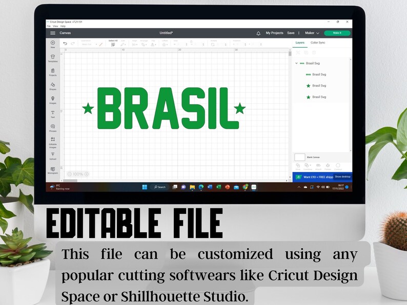 Puede incluir: Una pantalla de ordenador que muestra un gr&aacute;fico verde de la palabra "BRASIL" con estrellas a cada lado. El texto "EDITABLE FILE" est&aacute; debajo del gr&aacute;fico. El texto "This file can be customized using any popular cutting softwears like Cricut Design Space or Shillhouette Studio." est&aacute; debajo del texto "EDITABLE FILE".