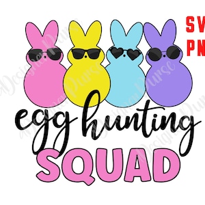 May include: Four colorful marshmallow peeps wearing sunglasses with the text "egg hunting squad" in black lettering.