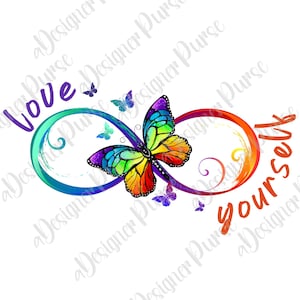 Puede incluir: Un símbolo de infinito con las palabras "love yourself" escritas a su alrededor. Una mariposa de colores arcoíris se encuentra en el centro del símbolo.