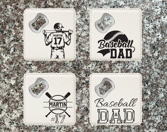 4 Pack Baseball Dad Bottle Coaster, Leather Coaster Bottle Opener, Personalized Coaster, Gift For Dad, Gift For Men, Engraved Coaster.