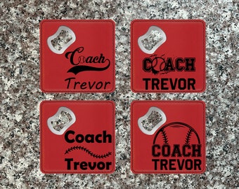 4 Pack Baseball Coach Bottle Coaster, Leather Coaster Bottle Opener, Personalized Coaster, Gift For Dad, Gift For Men, Engraved Coaster Set.