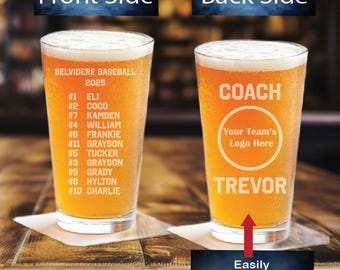 Baseball Coach Custom Team Logo and Roster 2 Sided Pint Glass, Baseball Team Pint Glass, Baseball Coach Personalized Gift, Baseball Gift