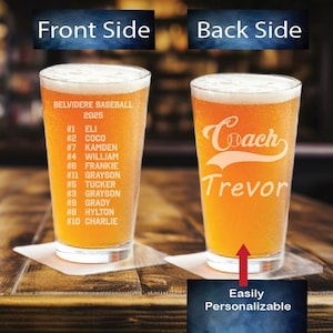 Custom Baseball Coach 2 Sided Pint Glass with Team Roster, Baseball Pint Glass, Personalized Baseball Coaches Gift, Gift for Baseball Coach