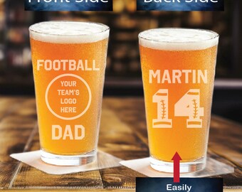 Custom Team Logo Football Dad 2 Sided Pint Glass, Football Team Logo Pint Glass, Football Dad Pint Glass, Engraved Football Pint Glass
