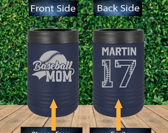 Personalized 2 Sided Baseball Mom Engraved Can Cooler, Baseball Mom Can Cooler, Custom Can Cooler, Thank You Gift, Engraved Drinkware