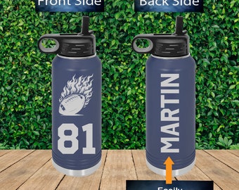 Football 2 Sided Laser Engraved Water Bottle, Custom Engraved Football Team Logo Water Bottle, Personalized Football Player Water Bottle