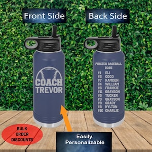 2 Sided Baseball Coach Engraved 32oz Water Bottle Team Roster, Personalized Baseball Coach Water Bottle, Baseball Coach Gift, Thank You Gift