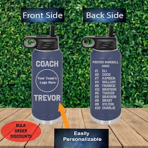 Custom Team Logo 2 Sided Baseball Coach Engraved 32oz Water Bottle Team Roster, Personalized Baseball Coach Water Bottle Baseball Coach Gift