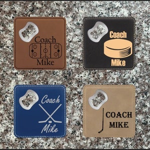 Personalized Hockey Coach Bottle Opener, Single Leather Coaster Bottle Opener, Personalized Coaster, Gift For Dad, Gift For Men