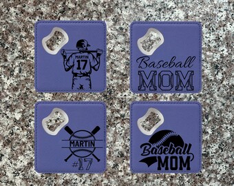 4 Pack Baseball Mom Bottle Coaster, Leather Coaster Bottle Opener, Personalized Coaster, Gift For Dad, Gift For Men, Engraved Coaster.