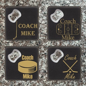 4 Pack Hockey Coach Bottle Coaster, Leather Coaster Bottle Opener, Personalized Coaster, Gift For Dad, Gift For Men, Engraved Coaster.