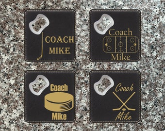 4 Pack Hockey Coach Bottle Coaster, Leather Coaster Bottle Opener, Personalized Coaster, Gift For Dad, Gift For Men, Engraved Coaster.