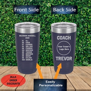 Benutzerdefiniertes Teamlogo 2-seitiger Baseballtrainer und Team Roster Gravierter Becher, Benutzerdefiniertes Baseballtrainergeschenk, herzliches Team Danke Geschenk