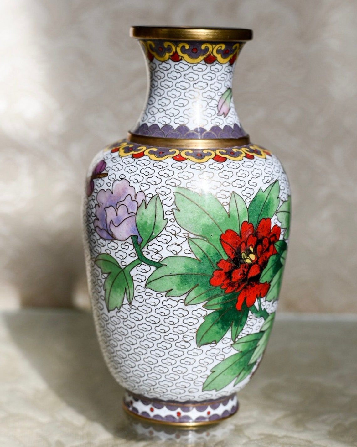 Vintage Cloisonne Vase White Enamel Cloisonne Brass Flower Etsy