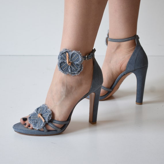 Y2k Archival MIU MIU Denim Flower Application Sandals / Miu Miu 