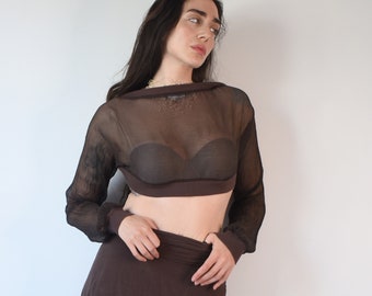 brown cropped bolero sheer mesh cardigan  / brown mesh bell sleeves bolero top / brown bolero cardigan