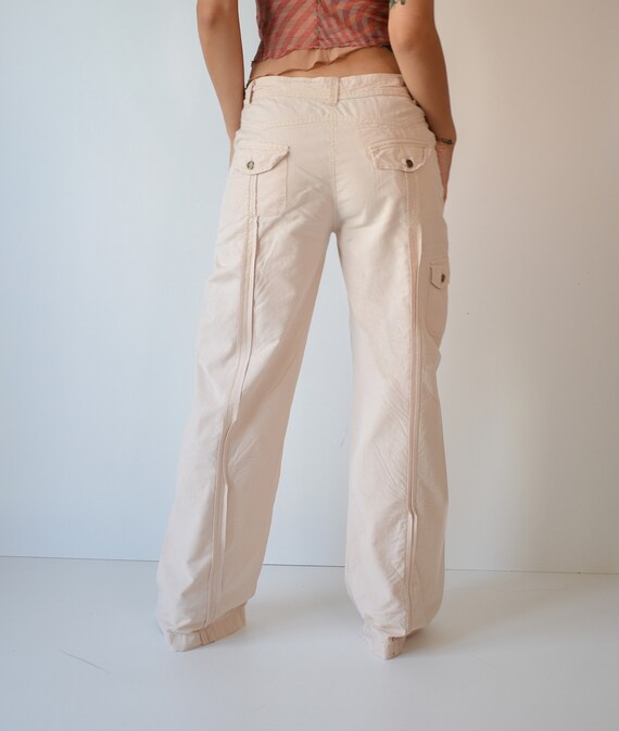 y2k low rise linen beige cargo pants / linen flared c… Gem
