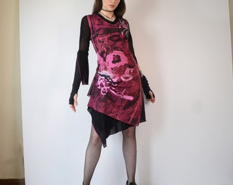 Iconic y2k mesh assymetrical cyber punk dress / fuchsia mesh japanese dress / assymetrical futuristic mesh dress / black assymetrical mesh