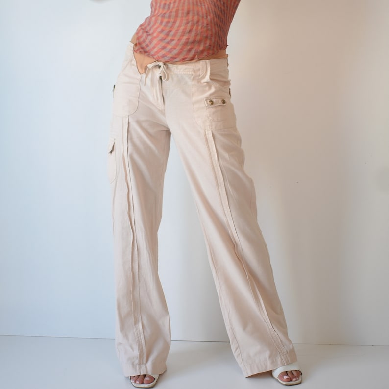 Y2k Low Rise Linen Beige Cargo Pants / Linen Flared Cargo Etsy Hong Kong