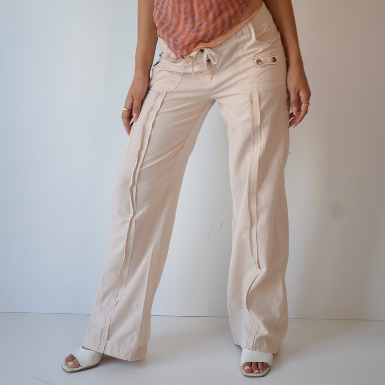 Y2k Low Rise Linen Beige Cargo Pants / Linen Flared Cargo Etsy