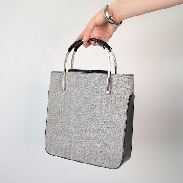 90s gray cloth LANCEL metal handles bag / 90s metallic handles purse