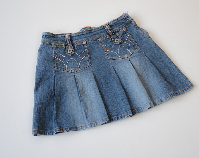 Y2k Denim Mini Pleated Skirt / Y2k Blue Denim Micro Mini Pleated Skirt ...