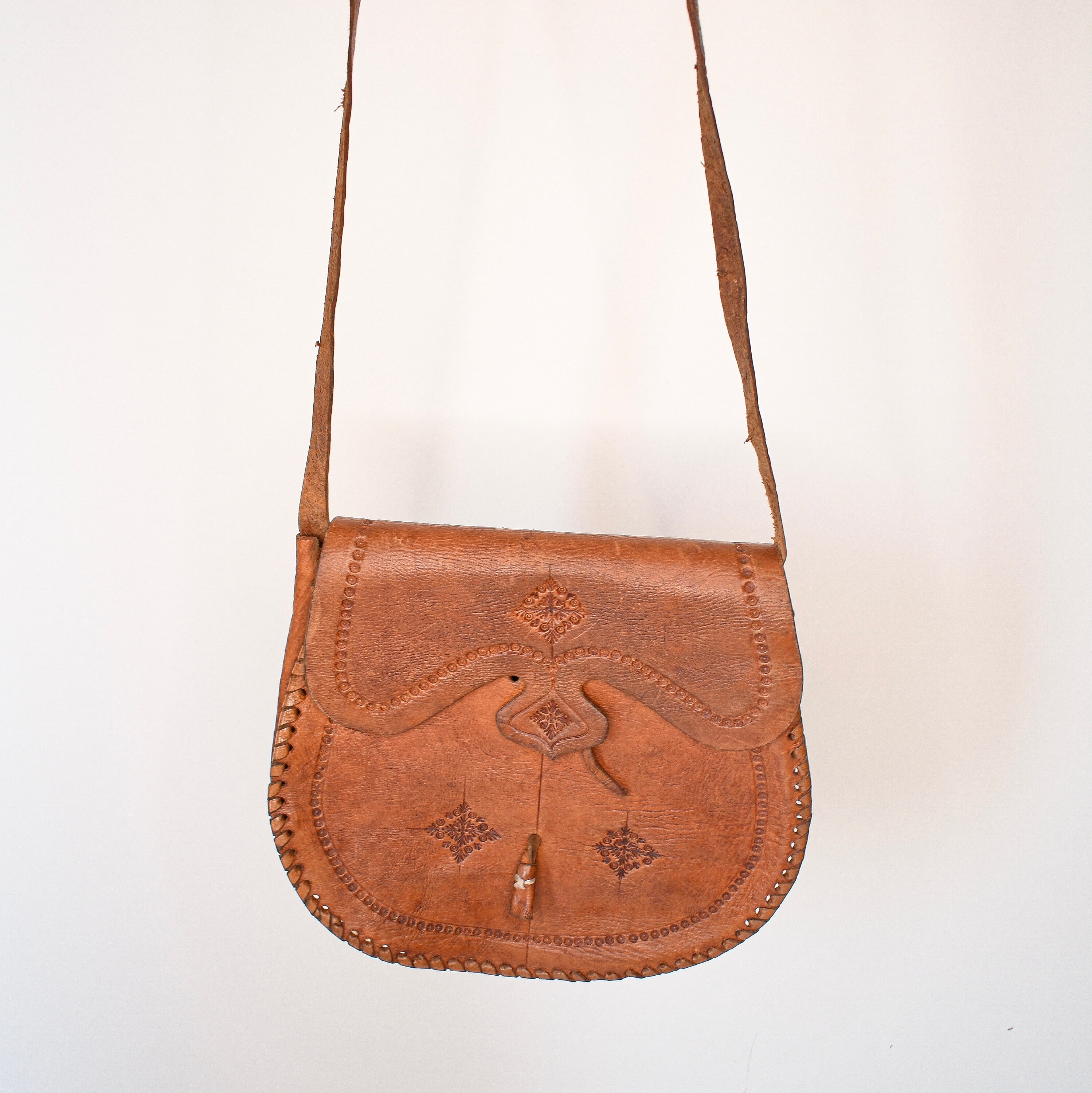 True Late 60s Hippie Leather Bag / Round Leather Hippie Bag / - Etsy