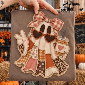 Patchwork-Geist (PNG), niedliches Halloween-Geisterdesign, Eiskaffee-Geist-Sublimation, Cottagecore-Halloween-Digitaldownload, DTF-PNG