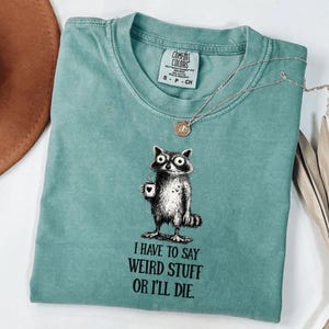 Peut inclure: Un t-shirt Comfort Colors de couleur sarcelle avec un raton laveur tenant une tasse à café. Le texte sur le t-shirt dit "I HAVE TO SAY WEIRD STUFF OR I'LL DIE." Un collier en argent avec un pendentif est drapé sur le t-shirt.